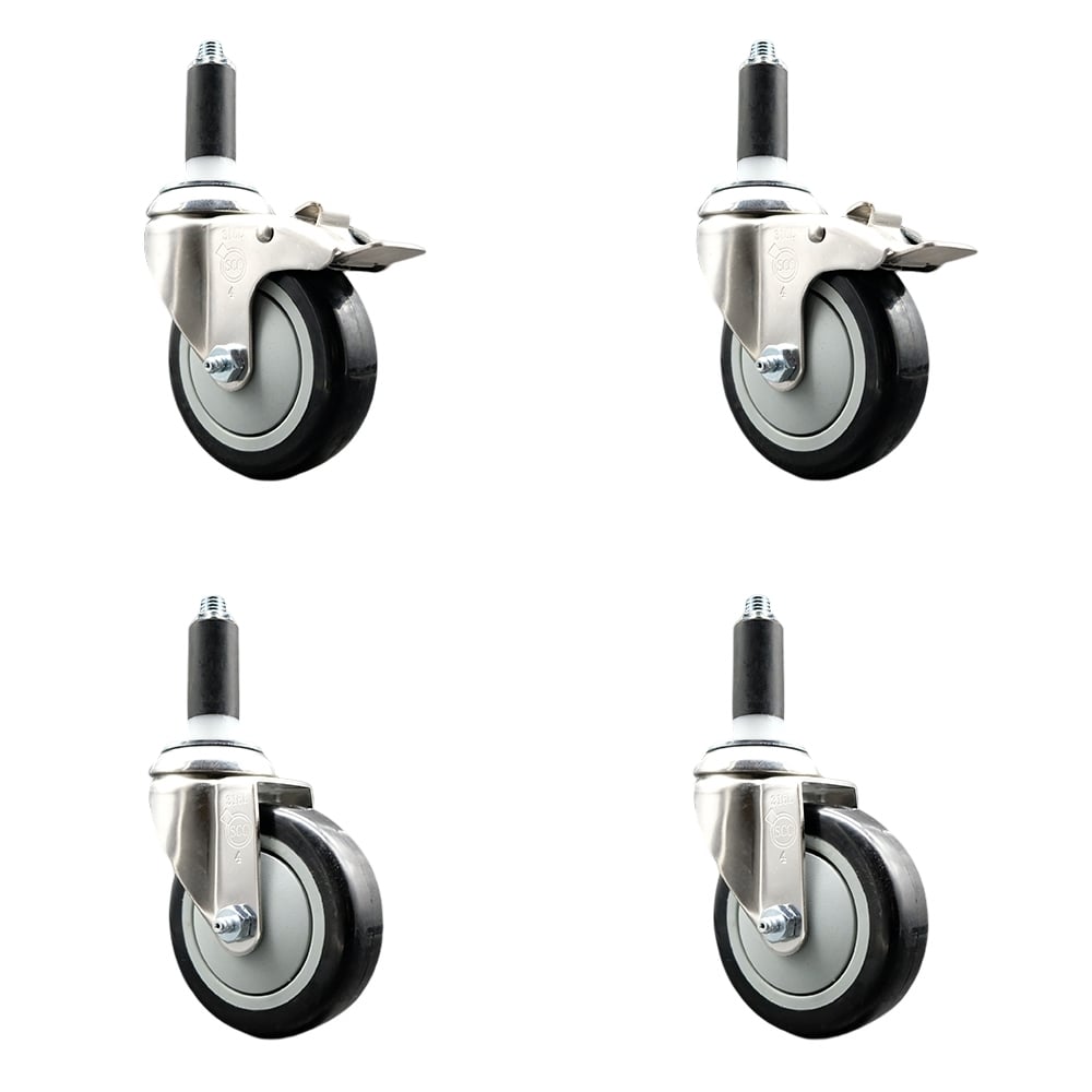 Polyurethane Swivel Stem Caster with 4 in. Black Caster Wheels, 1 in. Expanding Stem - 316 Stainless Steel Casters - Set of 4