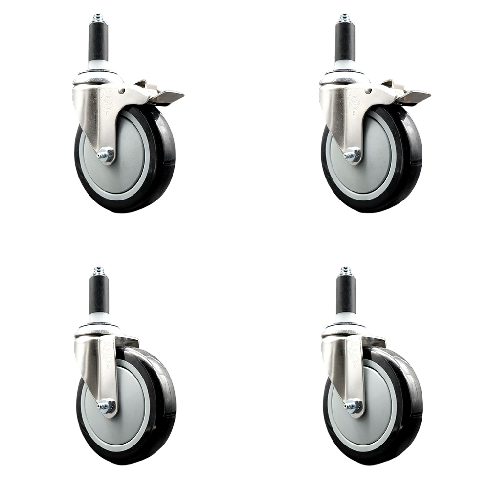 Polyurethane Swivel Stem Caster with 5 in. Black Caster Wheels, 1 in. Expanding Stem - 316 Stainless Steel Casters - Set of 4