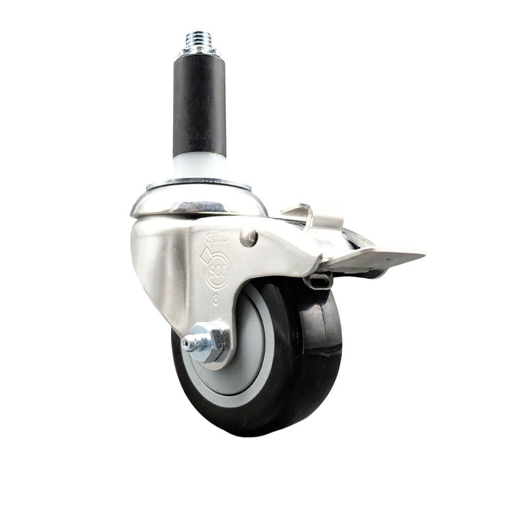 Polyurethane Swivel Stem Caster with 3 in. Black Caster Wheels & Total Lock Brake, 1.13 in. Expanding Stem - 316 Stainless Steel Caster