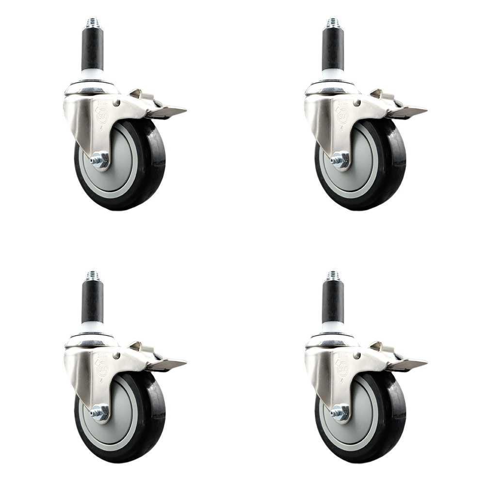 Polyurethane Swivel Stem Caster with 4 in. Black Caster Wheels, 1.13 in. Expanding Stems - 316 Stainless Steel Casters - Set of 4