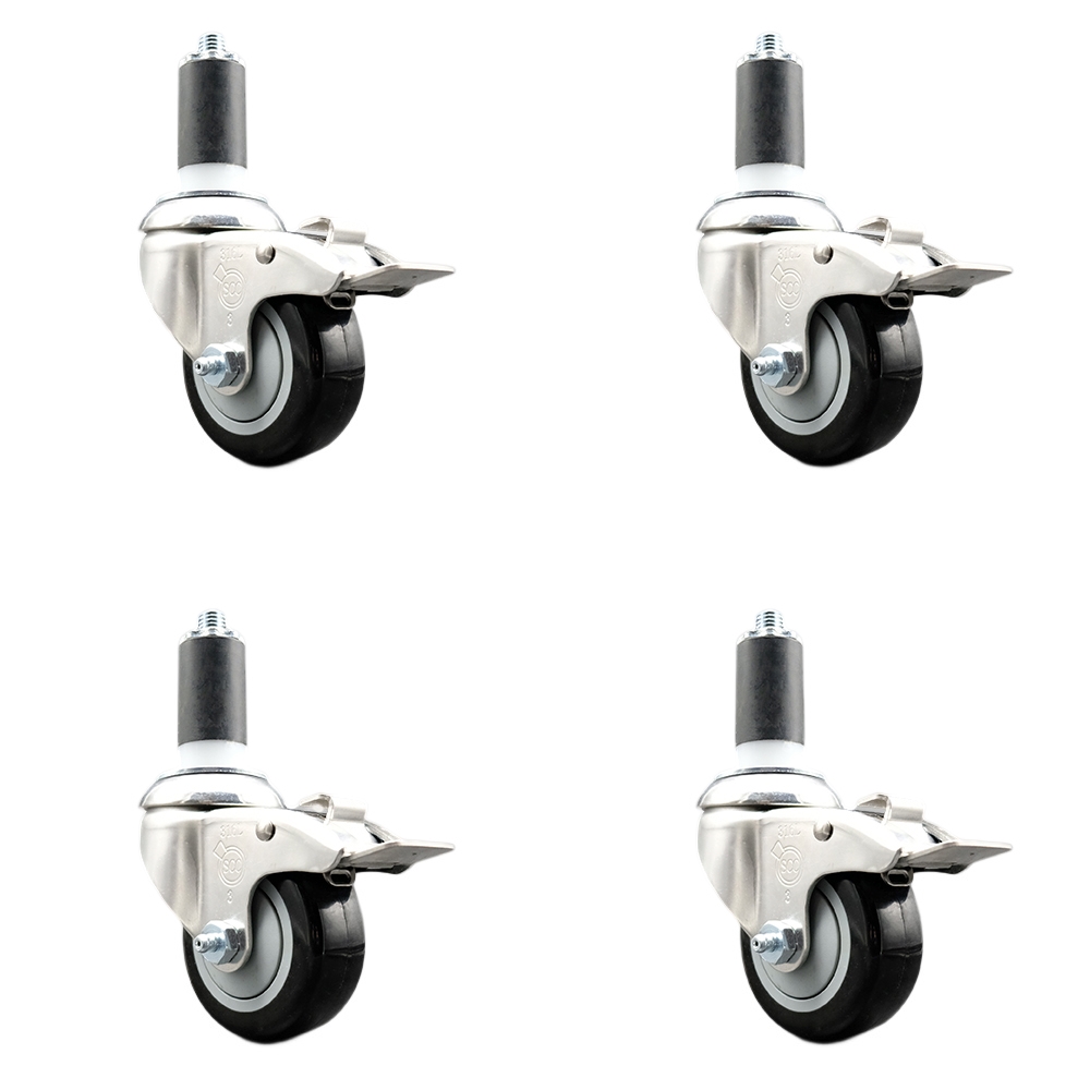 Polyurethane Swivel Stem Caster with 3 in. Black Caster Wheels, 1.25 in. Expanding Stems - 316 Stainless Steel Casters - Set of 4