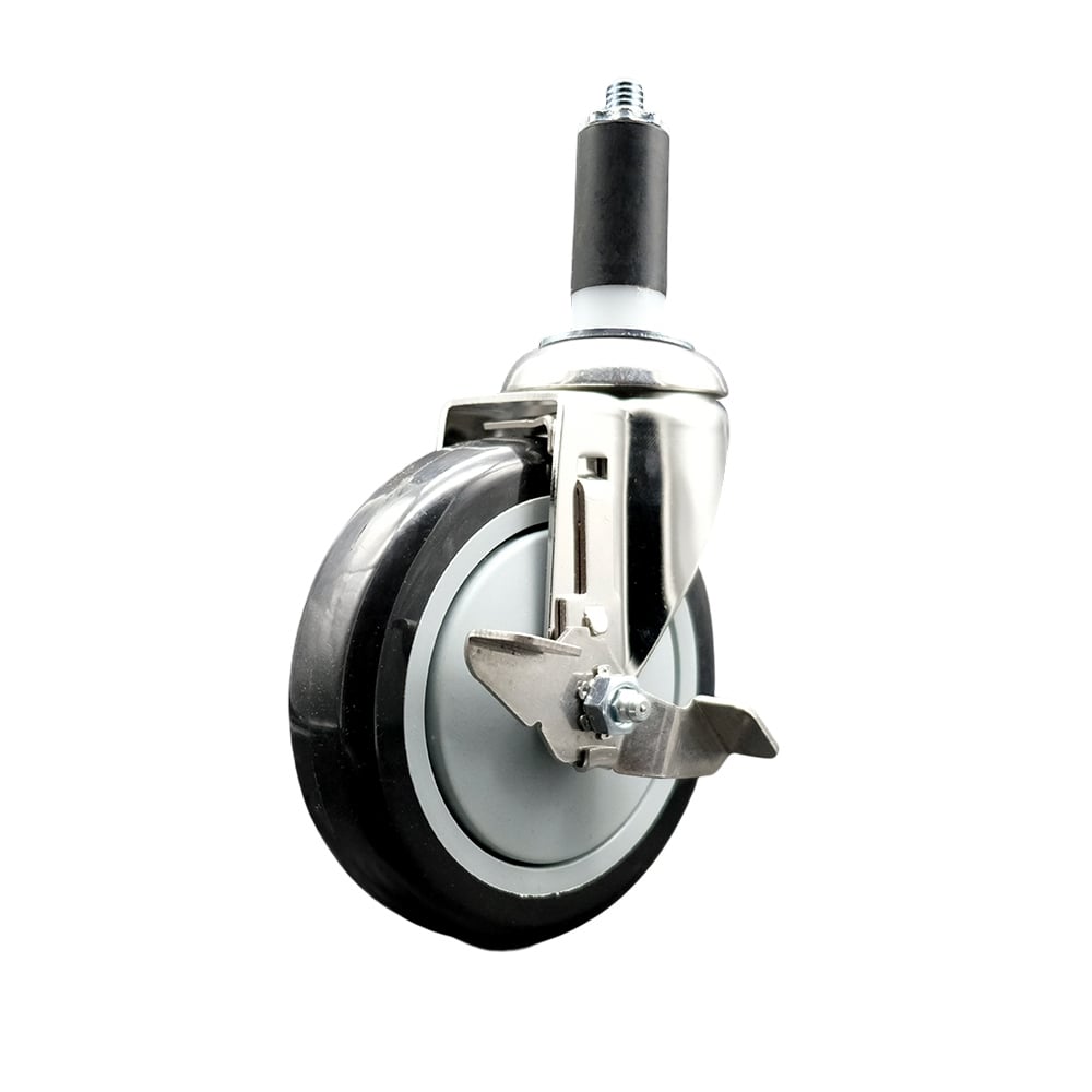 Polyurethane Swivel Stem Caster with 5 in. Black Caster Wheels & Top Lock Brake, 1.25 in. Expanding Stem - 316 Stainless Steel Caster