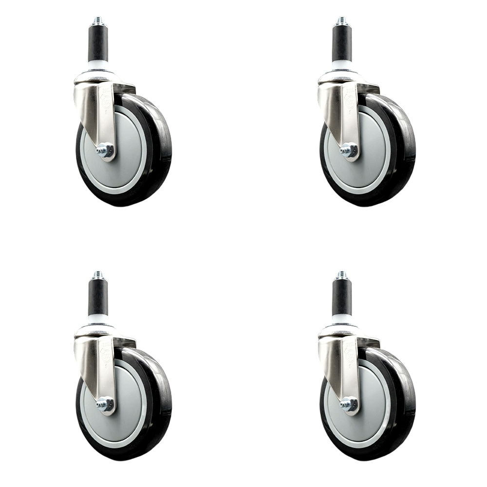 Polyurethane Swivel Stem Caster with 5 in. Black Caster Wheels, 1.25 in. Expanding Stems - 316 Stainless Steel Casters - Set of 4