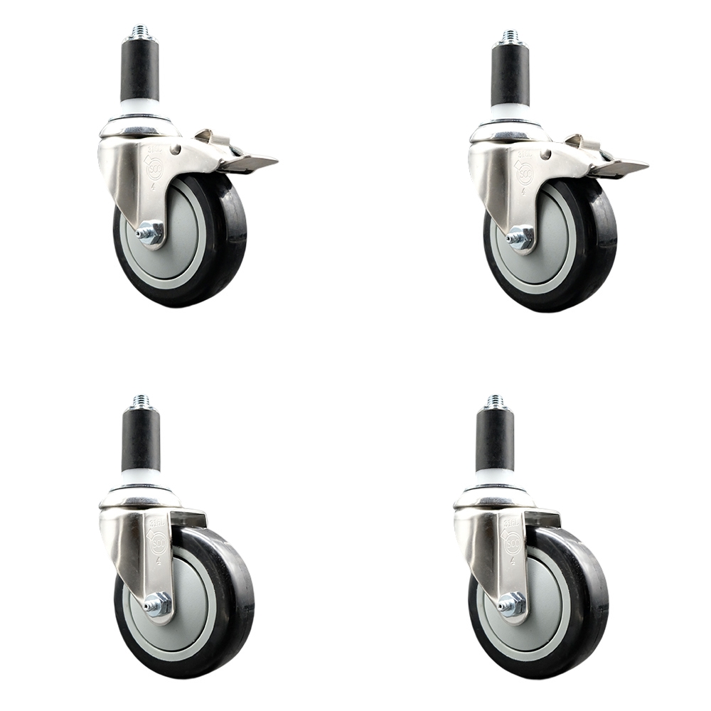 Polyurethane Swivel Stem Caster with 4 in. Black Caster Wheels, 1.38 in. Expanding Stem - 316 Stainless Steel Casters - Set of 4