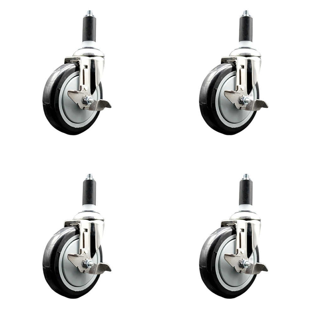 Polyurethane Swivel Stem Caster with 5 in. Black Caster Wheels, 1.38 in. Expanding Stems - 316 Stainless Steel Casters - Set of 4