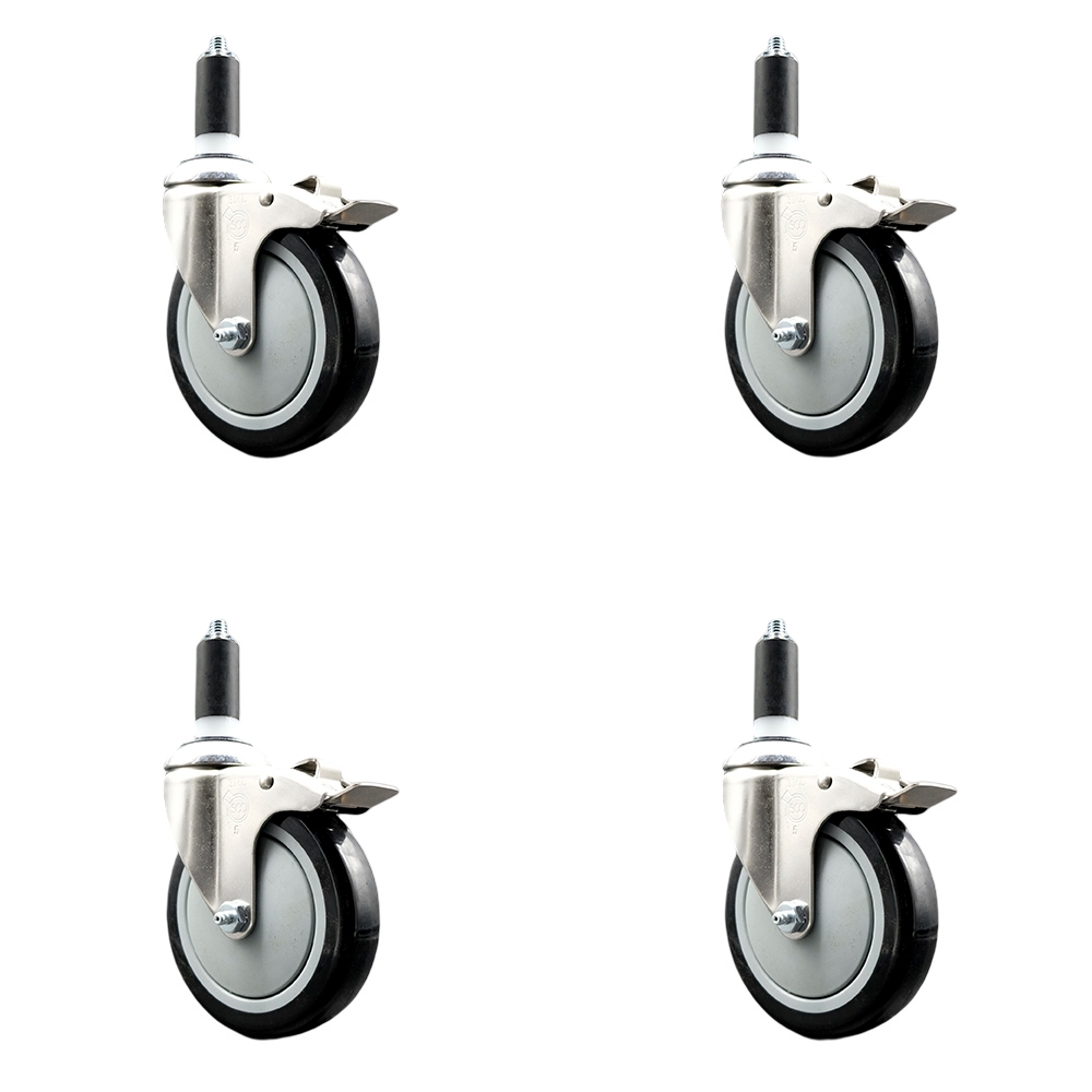 Polyurethane Swivel Stem Caster with 5 in. Black Caster Wheels, 1.38 in. Expanding Stems - 316 Stainless Steel Casters - Set of 4