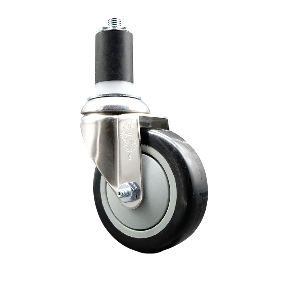 Polyurethane Swivel Stem Caster with 4 in. Black Caster Wheels, 1.5 in. Expanding Stem - 316 Stainless Steel Caster