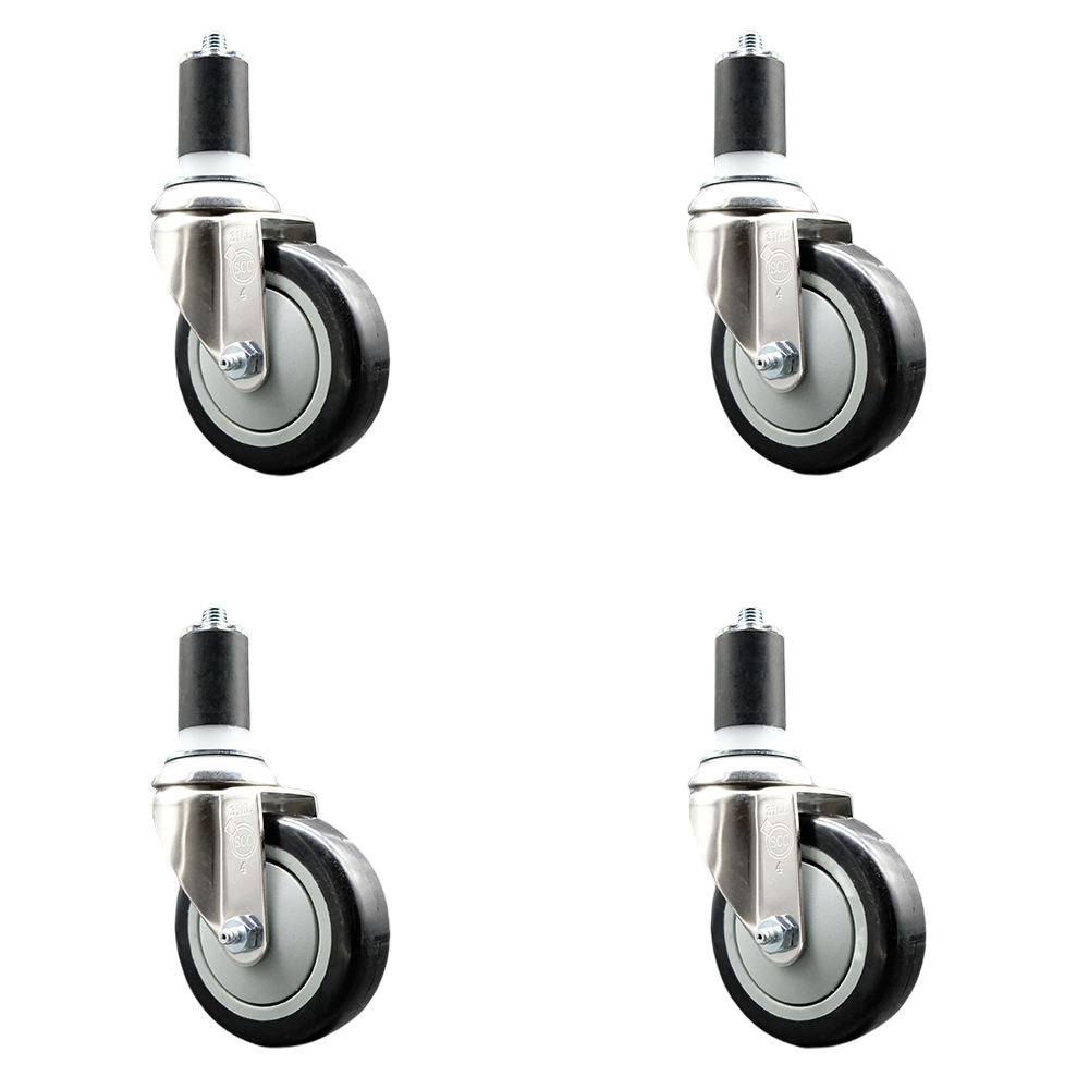 Polyurethane Swivel Stem Caster with 4 in. Black Caster Wheels, 1.5 in. Expanding Stems - 316 Stainless Steel Casters - Set of 4