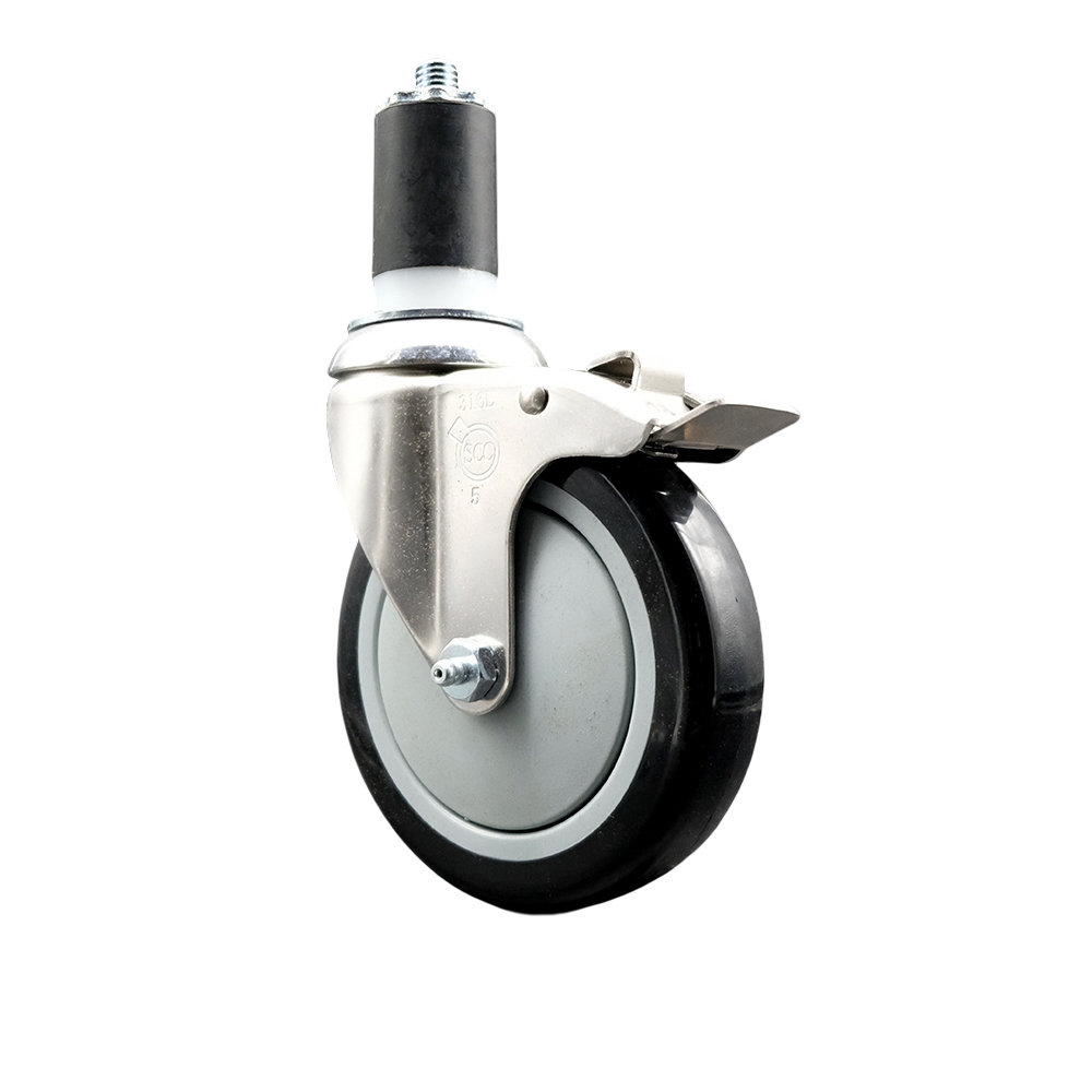 Polyurethane Swivel Stem Caster with 5 in. Black Caster Wheels & Total Lock Brake, 1.63 in. Expanding Stem - 316 Stainless Steel Caster