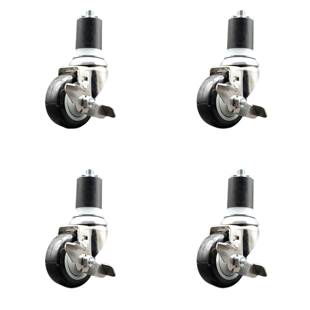 Polyurethane Swivel Stem Caster with 3 in. Black Caster Wheels, 1.75 in. Expanding Stems - 316 Stainless Steel Casters - Set of 4