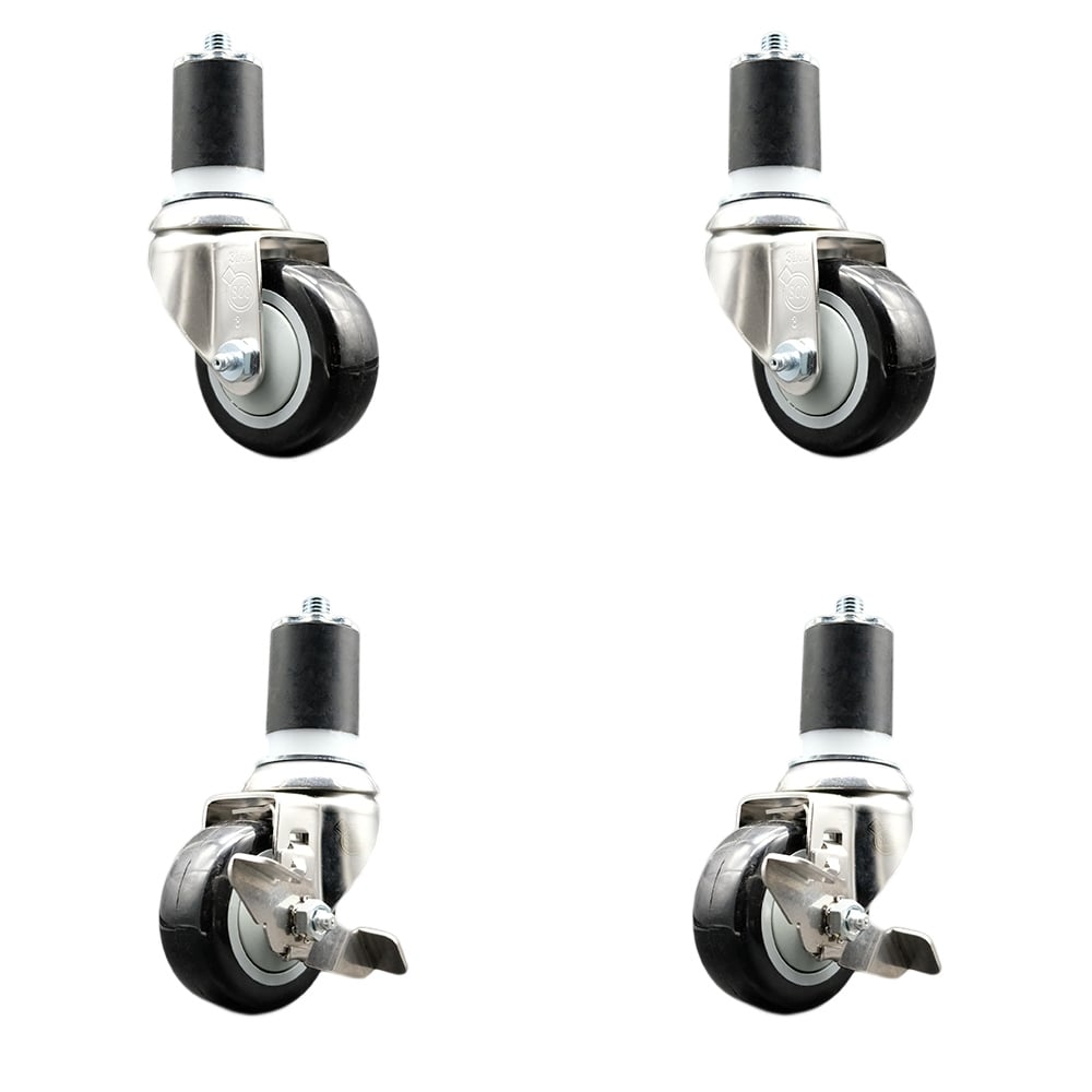 Polyurethane Swivel Stem Caster with 3 in. Black Caster Wheels, 1.75 in. Expanding Stems - 316 Stainless Steel Casters - Set of 4