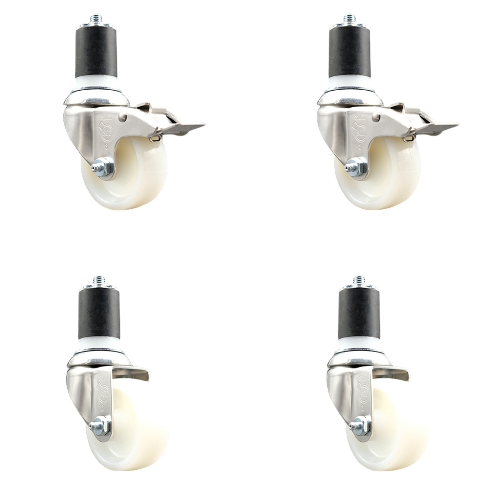 Nylon Swivel Stem Caster with 3 in. Caster Wheels, 1.75 in. Expanding Stem - 316 Stainless Steel Casters - Set of 4