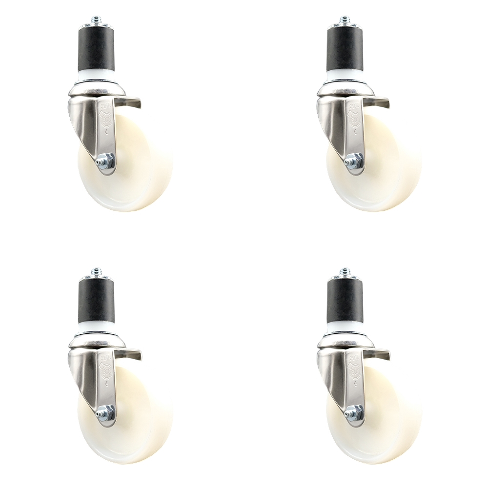 Nylon Swivel Stem Caster with 4 in. White Caster Wheels, 1.75 in. Expanding Stems - 316 Stainless Steel Casters - Set of 4