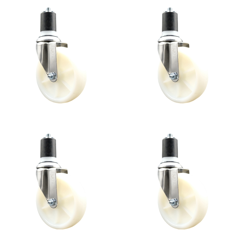 Nylon Swivel Stem Caster with 5 in. White Caster Wheels, 1.75 in. Expanding Stems - 316 Stainless Steel Casters - Set of 4