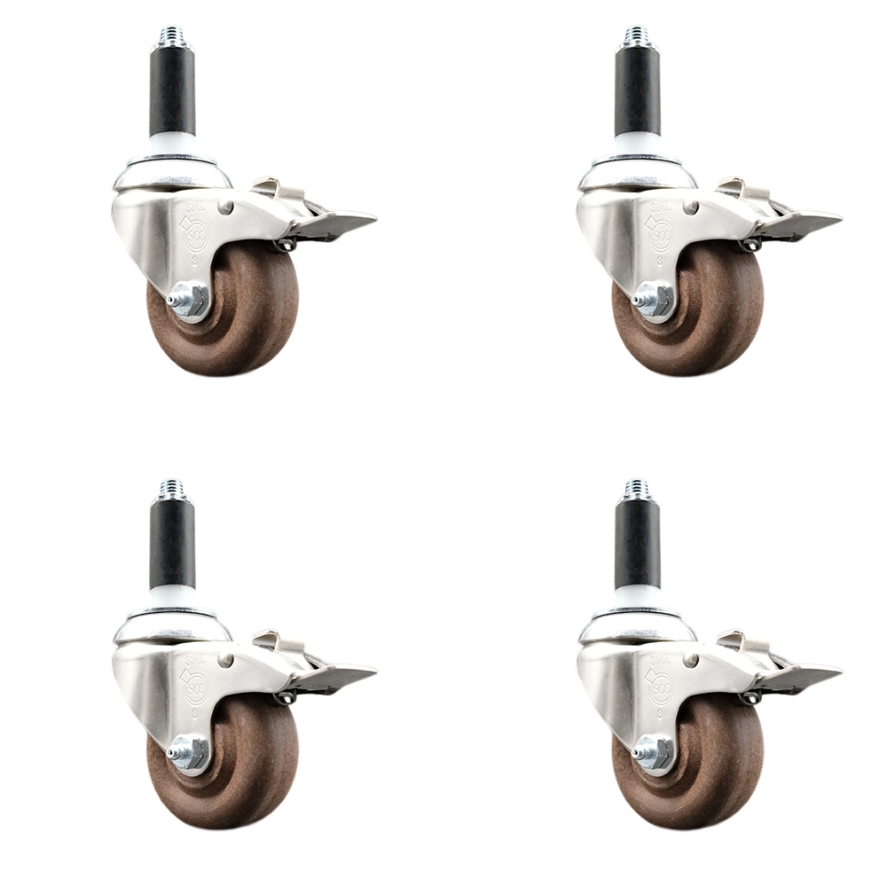High Temperature Glass Filled Nylon Swivel Stem Caster with 3 in. Wheel, 1.13 in. Expanding Stem - 316 Stainless Steel Caster - Set of 4