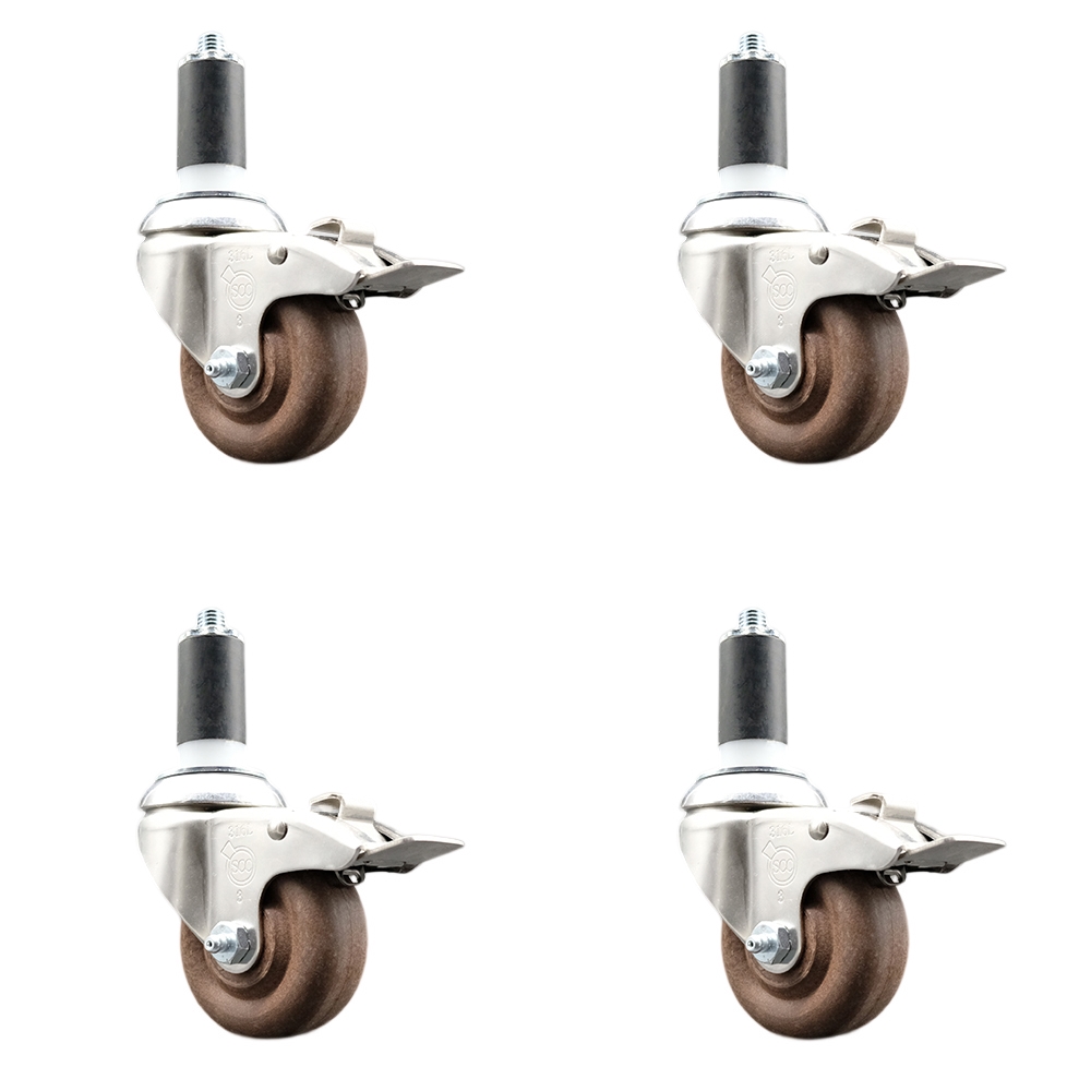 High Temperature Glass Filled Nylon Swivel Stem Caster with 3 in. Wheel, 1.25 in. Expanding Stem - 316 Stainless Steel Caster - Set of 4