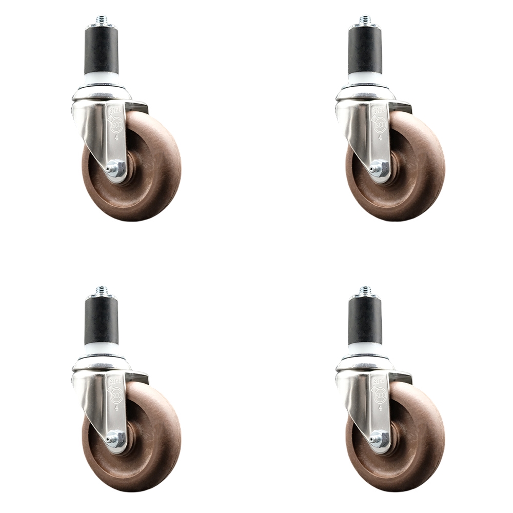High Temperature Glass Filled Nylon Swivel Stem Caster with 4 in. Brown Caster Wheel - 316 Stainless Steel Casters - Set of 4