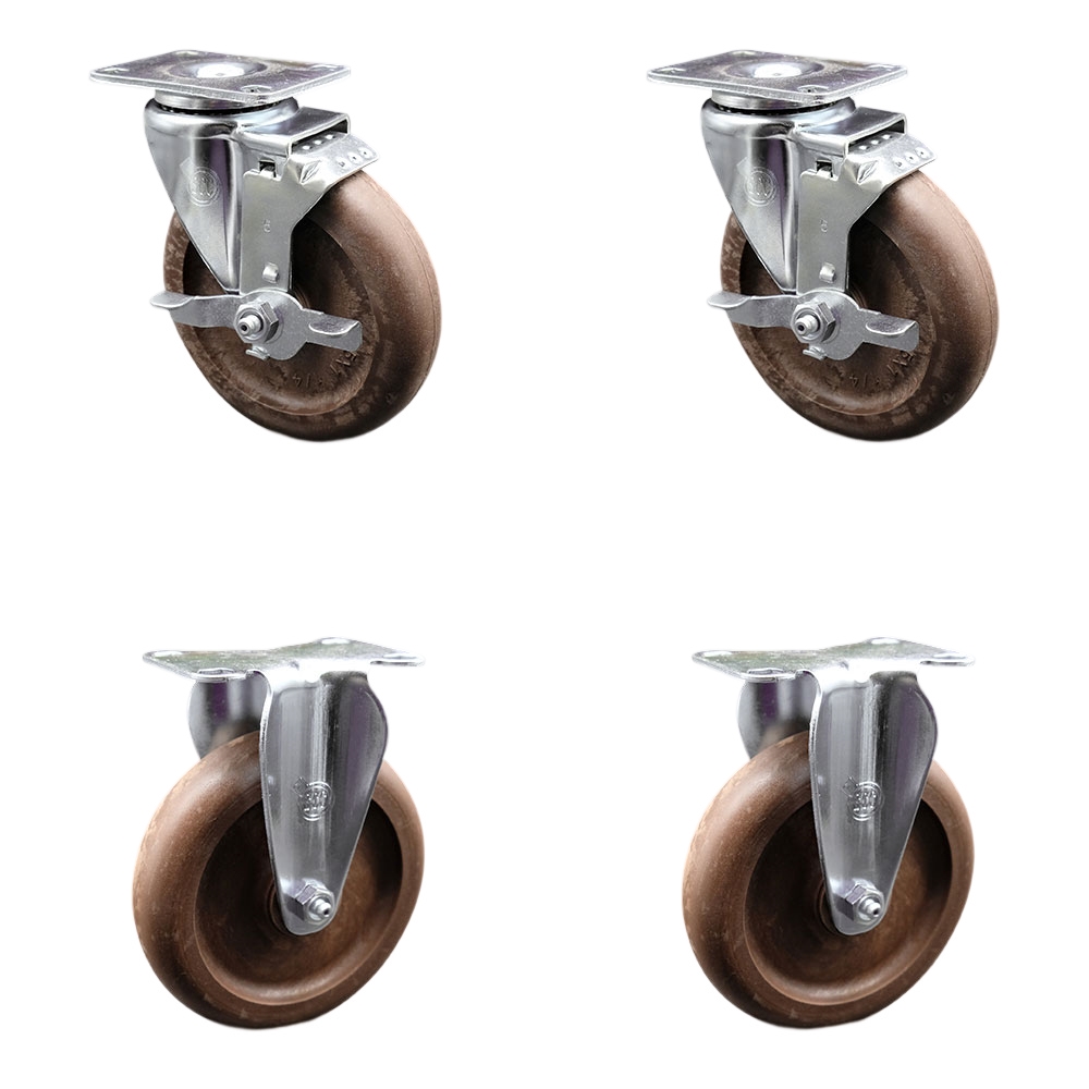 High Temperature Caster with 2 Brakes & 2 Rigid -5 in. High Temperature Glass Filled Nylon Wheel 4 x 4.5 in. Overall Top Plate - Set of 4