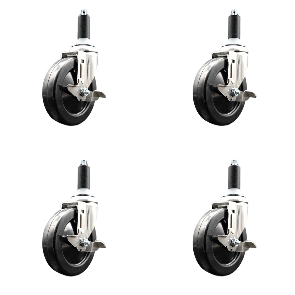 Hard Rubber Swivel Stem Caster with 5 in. Caster Wheels, 1.13 in. Expanding Stems - 316 Stainless Steel Casters - Set of 4