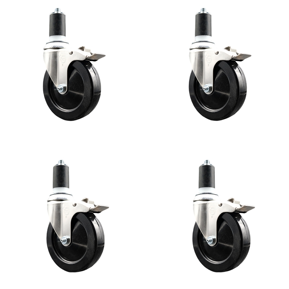Hard Rubber Swivel Stem Caster with 5 in. Caster Wheels, 1.5 in. Expanding Stems - 316 Stainless Steel Casters - Set of 4
