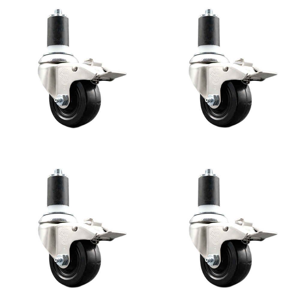 Hard Rubber Swivel Stem Caster with 3 in. Caster Wheels, 1.63 in. Expanding Stems - 316 Stainless Steel Casters - Set of 4