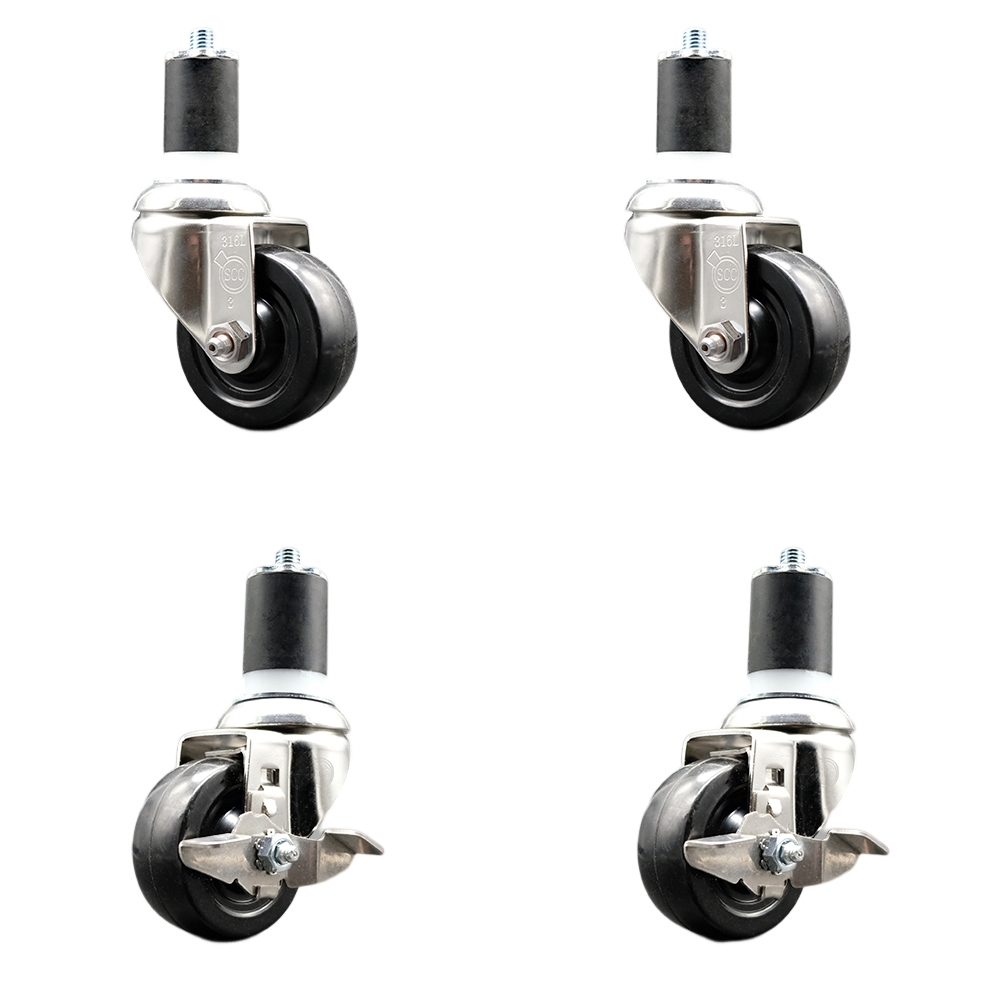 Hard Rubber Swivel Stem Caster with 3.5 in. Caster Wheels, 1.87 in. Expanding Stems - 316 Stainless Steel Casters - Set of 4