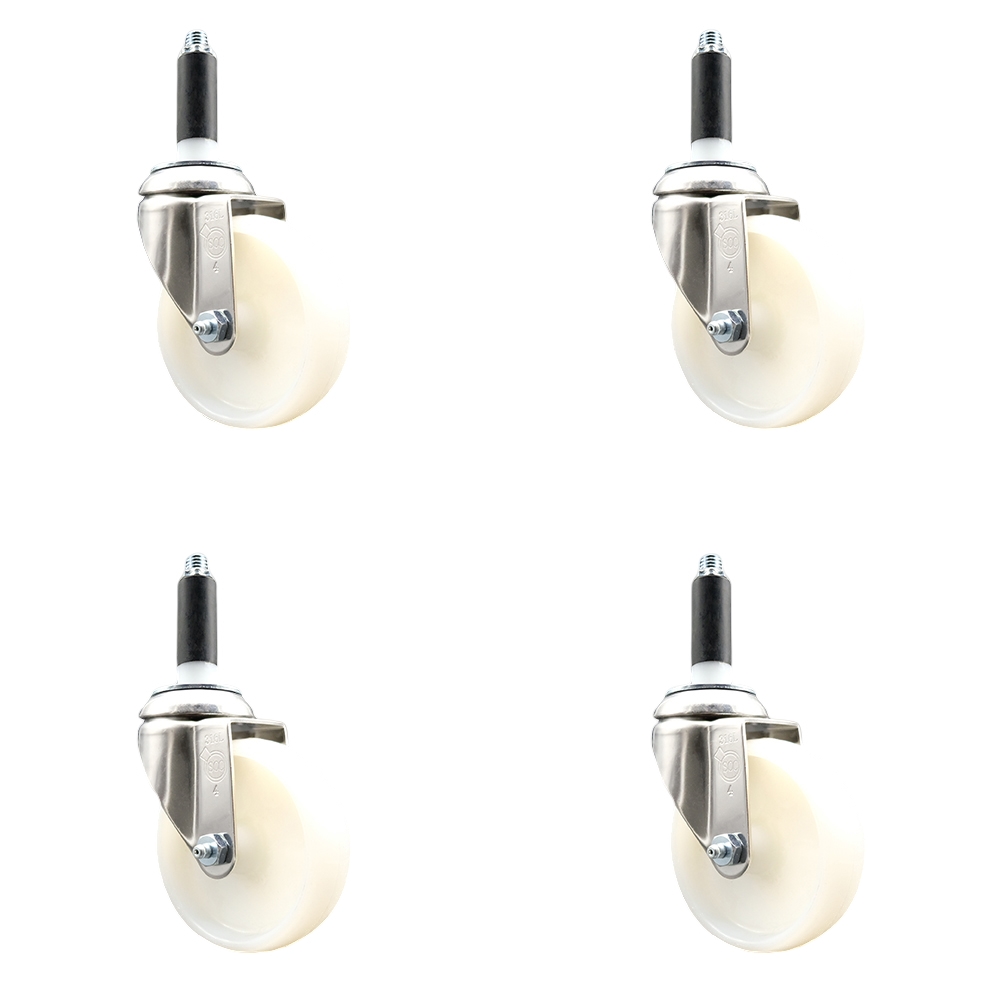 Nylon Swivel Stem Caster with 4 in. White Caster Wheels, 0.75 in. Expanding Stems - 316 Stainless Steel Casters - Set of 4
