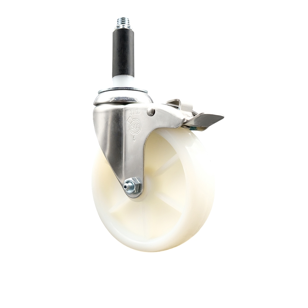 Nylon Swivel Stem Caster with 5 in. White Caster Wheel & Total Lock Brake, 0.75 in. Expanding Stem - 316 Stainless Steel Caster