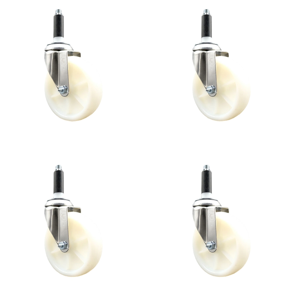 Nylon Swivel Stem Caster with 5 in. White Caster Wheels, 0.75 in. Expanding Stems - 316 Stainless Steel Casters - Set of 4