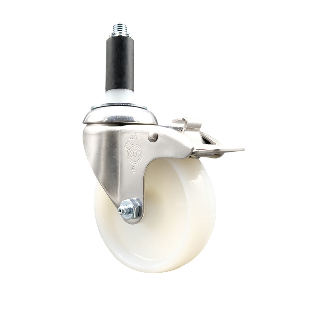 Nylon Swivel Stem Caster with 4 in. White Caster Wheel & Total Lock Brake, 1 in. Expanding Stem - 316 Stainless Steel Caster