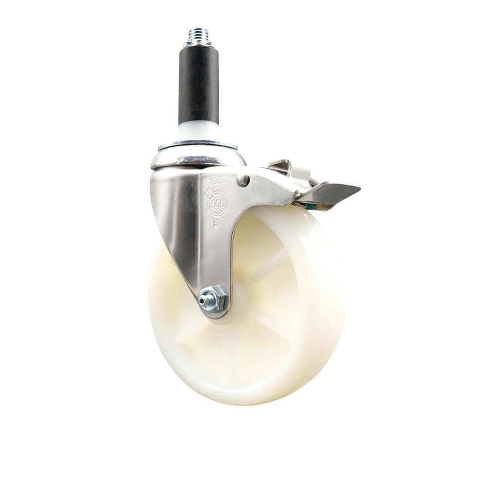 Nylon Swivel Stem Caster with 5 in. White Caster Wheel & Total Lock Brake, 1 in. Expanding Stem - 316 Stainless Steel Caster