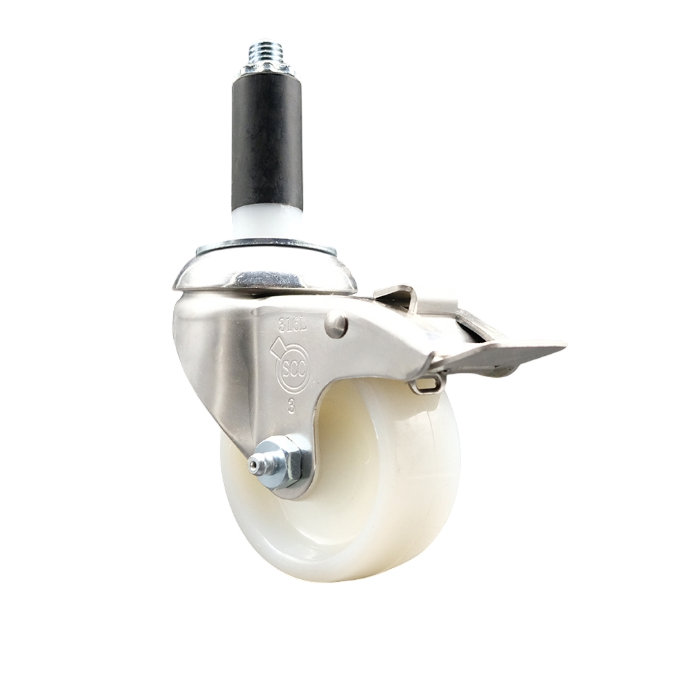 Nylon Swivel Stem Caster with 3 in. White Caster Wheel & Total Lock Brake, 1.13 in. Expanding Stem - 316 Stainless Steel Caster