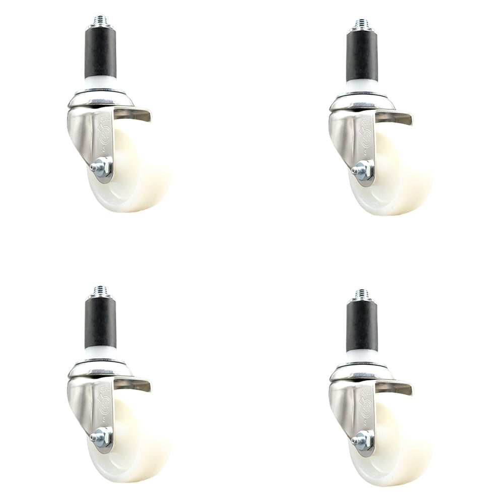 Nylon Swivel Stem Caster with 3 in. White Caster Wheels, 1.25 in. Expanding Stems - 316 Stainless Steel Casters - Set of 4