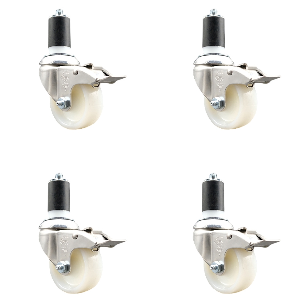 Nylon Swivel Stem Caster with 3 in. Caster Wheels, 1.5 in. Expanding Stems - 316 Stainless Steel Casters - Set of 4