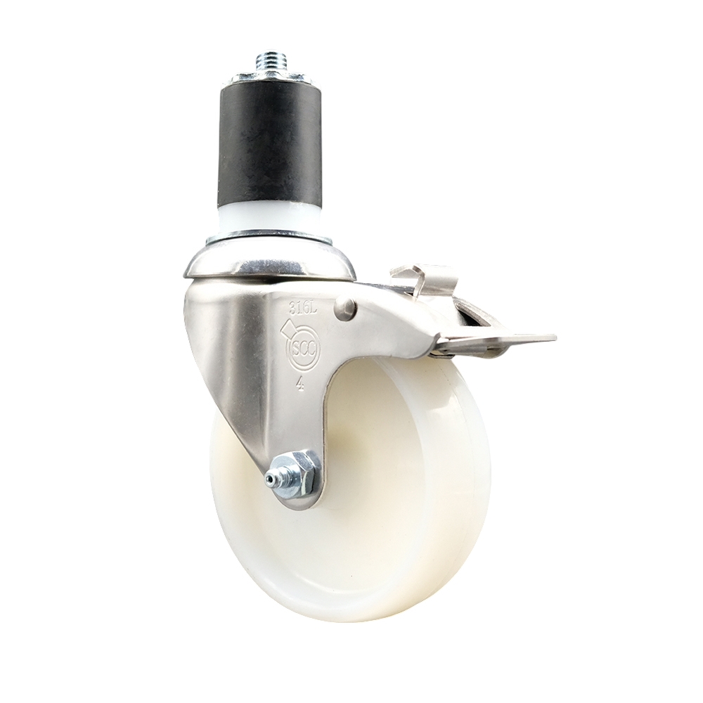 Nylon Swivel Stem Caster with 4 in. White Caster Wheel & Total Lock Brake, 1.87 in. Expanding Stem - 316 Stainless Steel Caster
