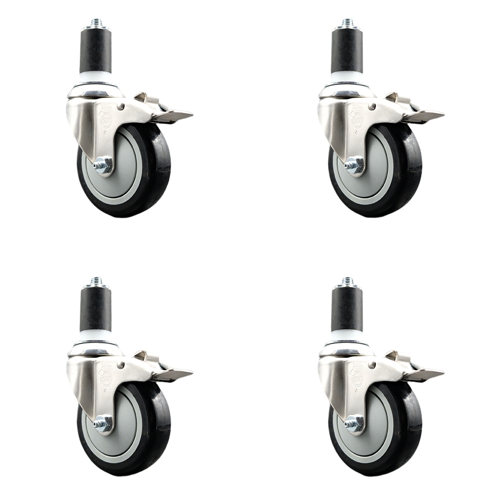Polyurethane Swivel Stem Caster with 4 in. Black Caster Wheels, 1.5 in. Expanding Stems - 316 Stainless Steel Casters - Set of 4