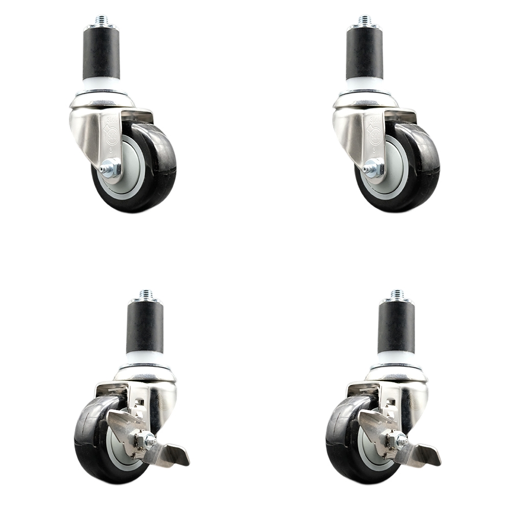 Polyurethane Swivel Stem Caster with 3.5 in. Black Caster Wheels, 1.63 in. Expanding Stems - 316 Stainless Steel Casters - Set of 4