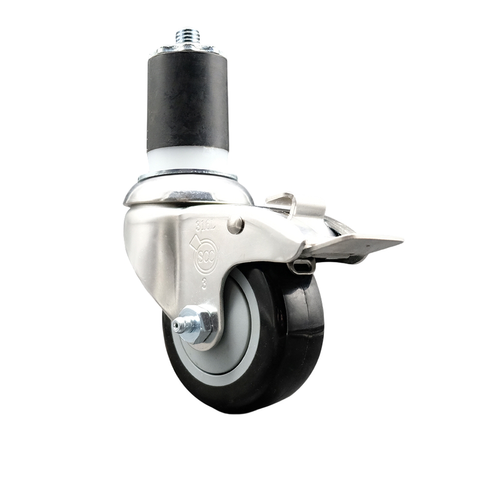 Polyurethane Swivel Stem Caster with 3 in. Black Caster Wheels & Total Lock Brake, 1.75 in. Expanding Stem - 316 Stainless Steel Caster