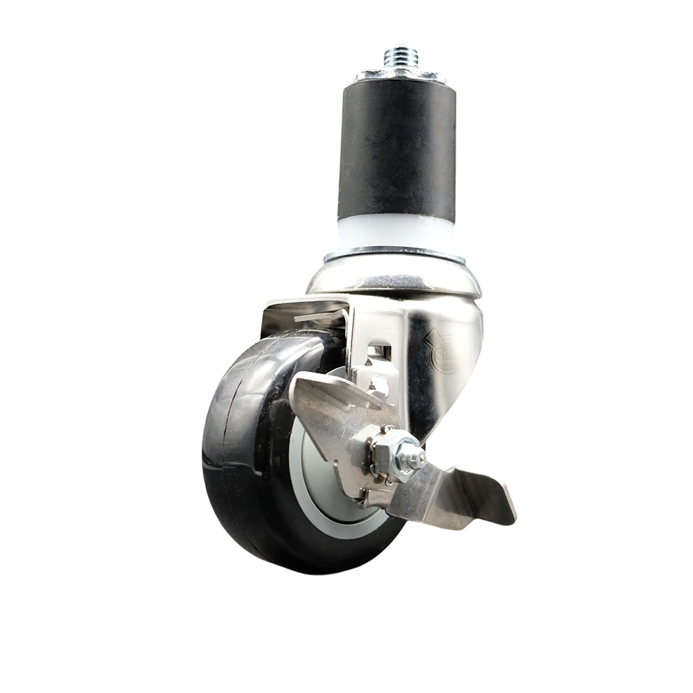Polyurethane Swivel Stem Caster with 3.5 in. Black Caster Wheels & Top Lock Brake, 1.75 in. Expanding Stem - 316 Stainless Steel Caster