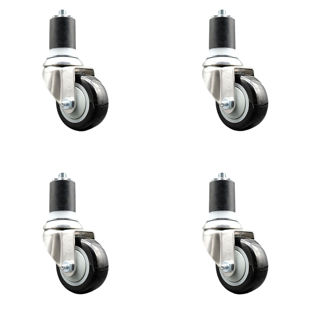 Polyurethane Swivel Stem Caster with 3.5 in. Black Caster Wheels, 1.75 in. Expanding Stems - 316 Stainless Steel Casters - Set of 4