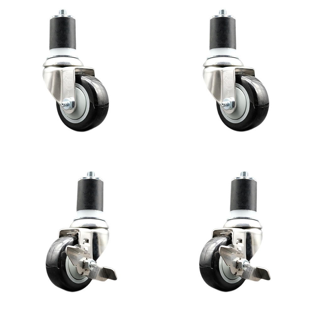Polyurethane Swivel Stem Caster with 3.5 in. Black Caster Wheels, 1.75 in. Expanding Stems - 316 Stainless Steel Casters - Set of 4