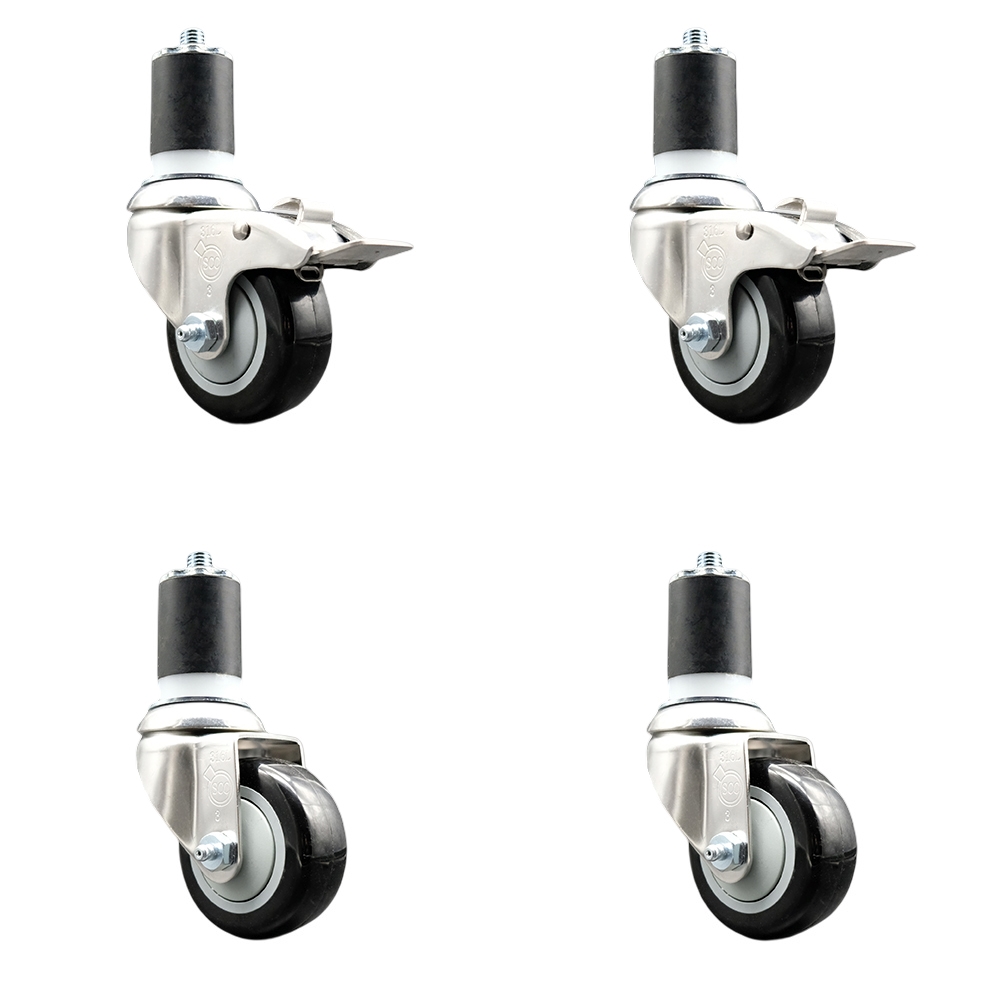 Polyurethane Swivel Stem Caster with 3.5 in. Black Caster Wheels, 1.75 in. Expanding Stem - 316 Stainless Steel Casters - Set of 4