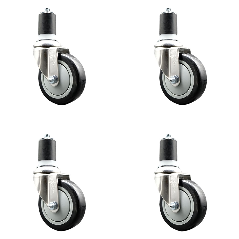 Polyurethane Swivel Stem Caster with 4 in. Black Caster Wheels, 1.75 in. Expanding Stems - 316 Stainless Steel Casters - Set of 4