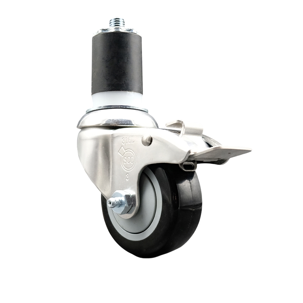 Polyurethane Swivel Stem Caster with 3 in. Black Caster Wheels & Total Lock Brake, 1.87 in. Expanding Stem - 316 Stainless Steel Caster