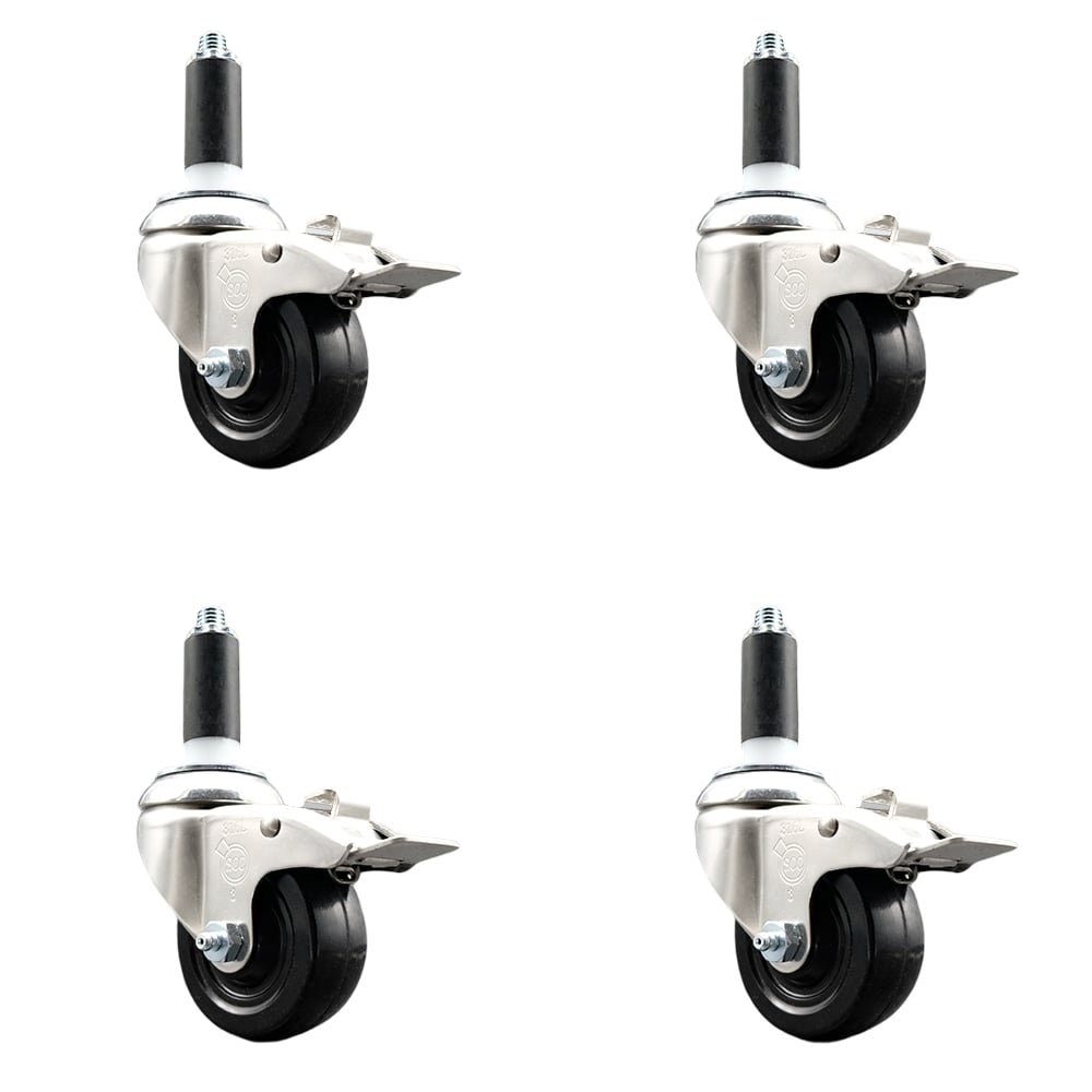 Hard Rubber Swivel Stem Caster with 3.5 in. Caster Wheels, 1 in. Expanding Stems - 316 Stainless Steel Casters - Set of 4