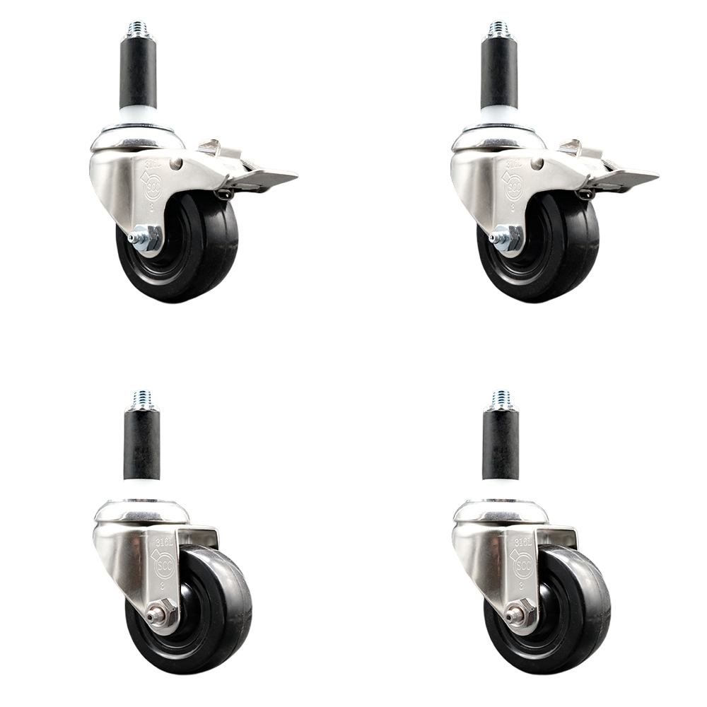 Hard Rubber Swivel Stem Caster with 3.5 in. Caster Wheels, 1 in. Expanding Stem - 316 Stainless Steel Casters - Set of 4