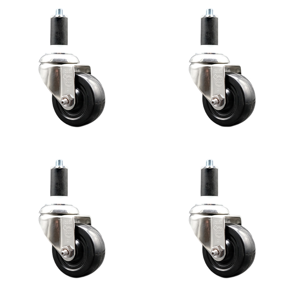Hard Rubber Swivel Stem Caster with 3.5 in. Black Caster Wheels, 1.25 in. Expanding Stems - 316 Stainless Steel Casters - Set of 4