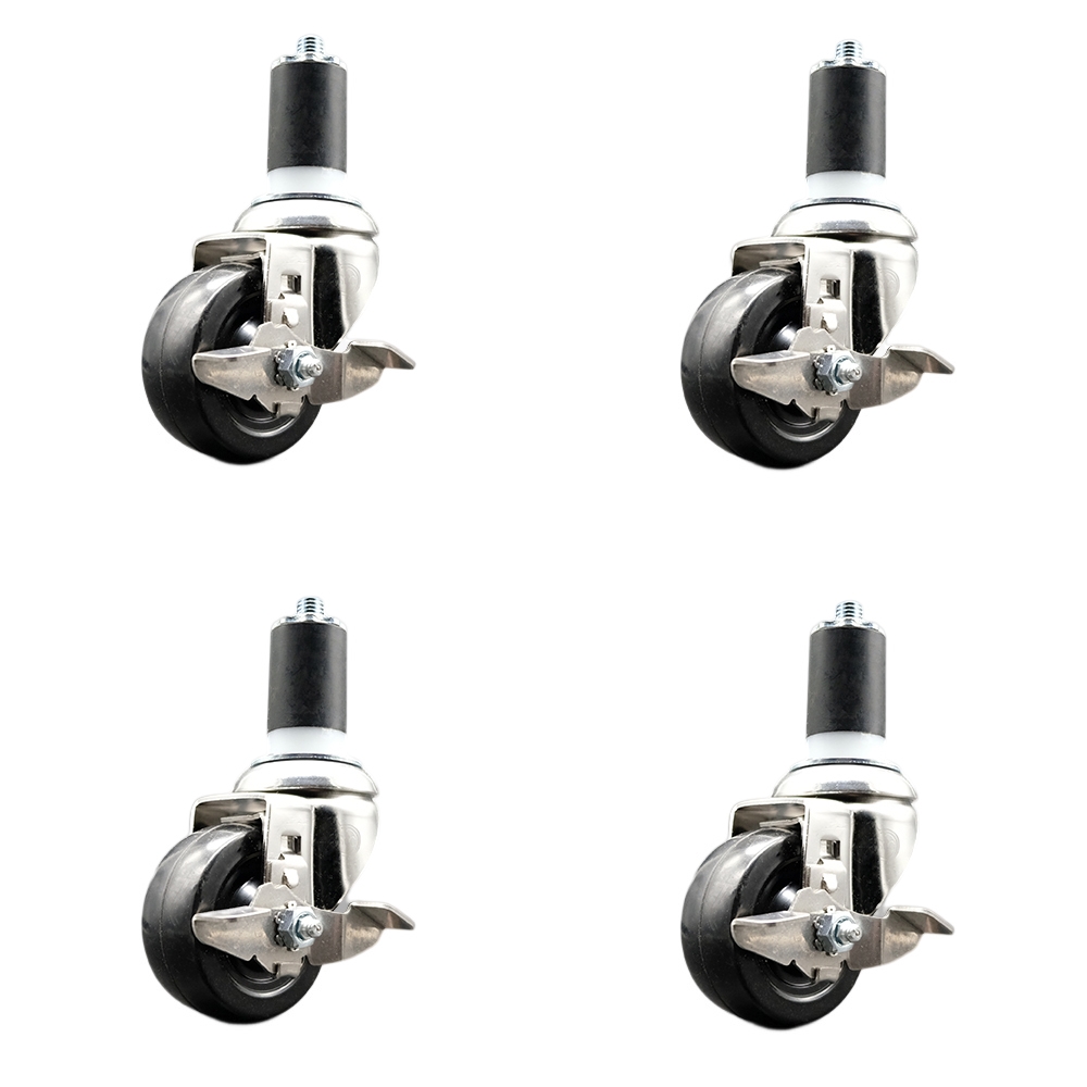 Hard Rubber Swivel Stem Caster with 3 in. Caster Wheels, 1.5 in. Expanding Stems - 316 Stainless Steel Casters - Set of 4