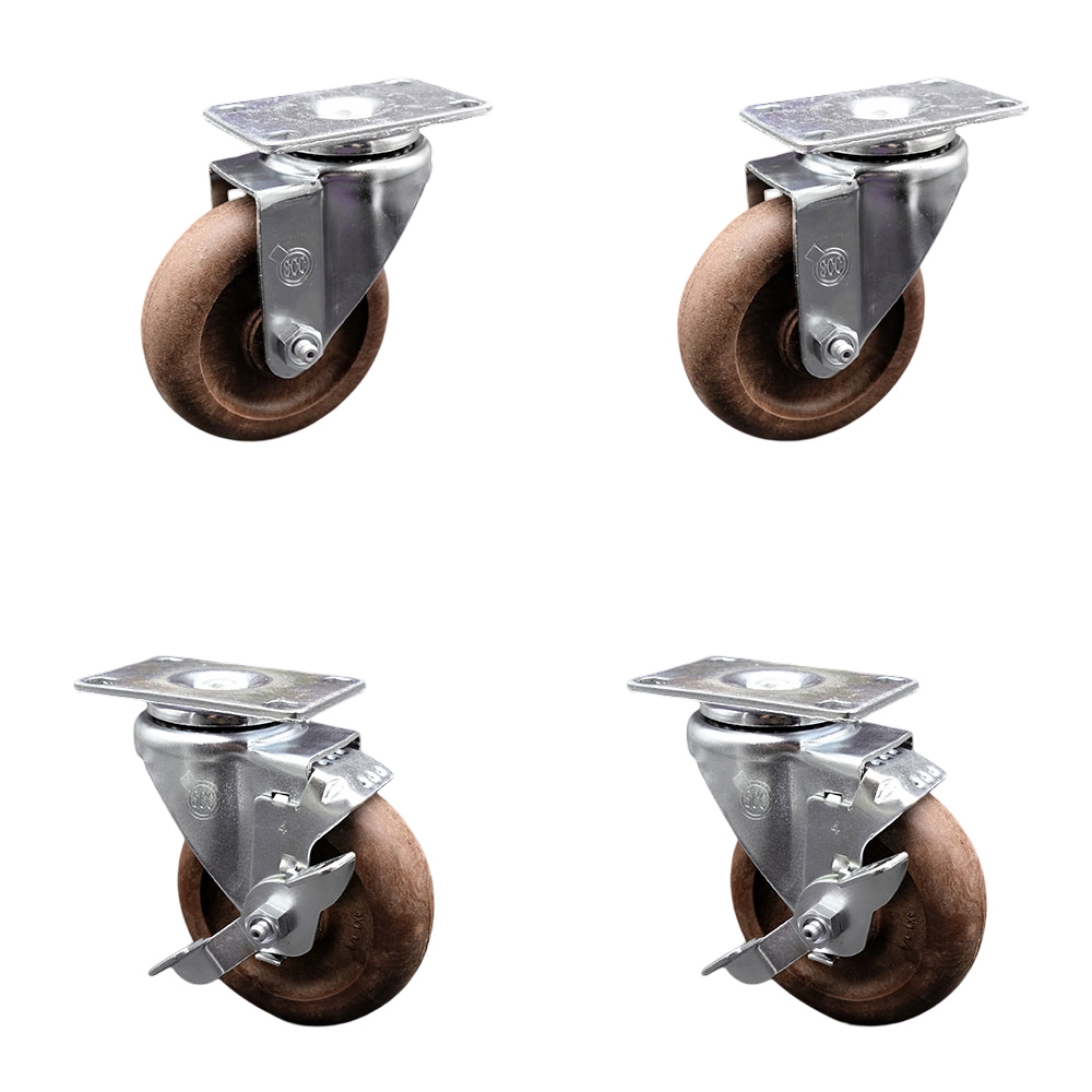 High Temperature Swivel Caster with 2 Brakes 4 in. High Temperature Glass Filled Nylon Wheel 4 x 4.5 in. Overall Top Plate - Set of 4
