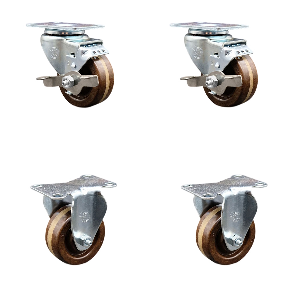 High Temperature Caster with 2 Brakes & 2 Rigid -3 in. High Temperature Phenolic Wheel 3.13 x 4.13 in. Overall Top Plate - Set of 4